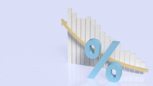 Graphic illustration showing a blue percent symbol in front of a rising bar chart with a golden arrow, representing interest rate movements and financial growth.